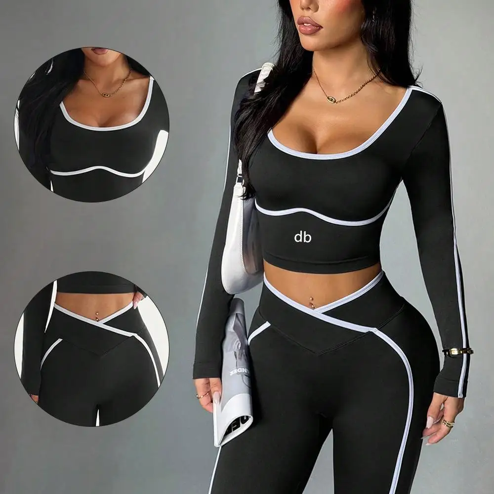 2026 Trendy Patchwork Yoga Set with V-neck Hip-Raising Yoga Pants - Tight Long-Sleeved Fitness Set for Running and Sports