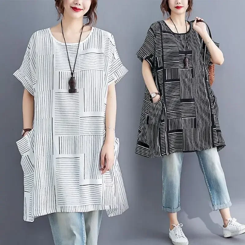 Robes amples décontractées pour femmes, t-shirt à rayures, jupe, Protection solaire, manches courtes, tendance d'été, robe fine surdimensionnée