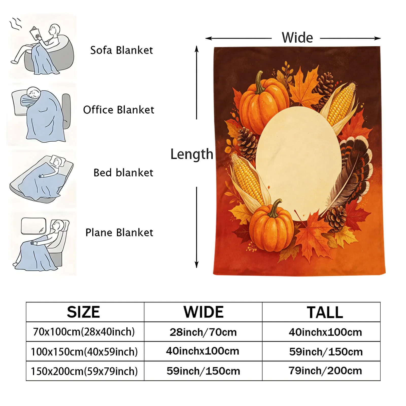 Thanksgiving Fall Flannel Throw Blanket Pumpkin Maple Leaf Corn Pinecone Feather Blanket Lightweight Warm for Sofa Bed Camping
