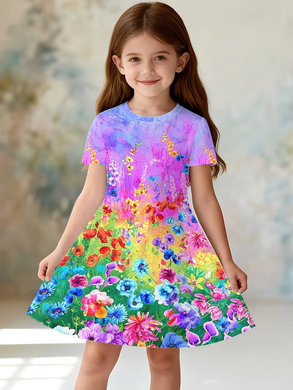 Robes pour filles, robe à manches courtes avec imprimé floral coloré, robe de princesse pour vacance