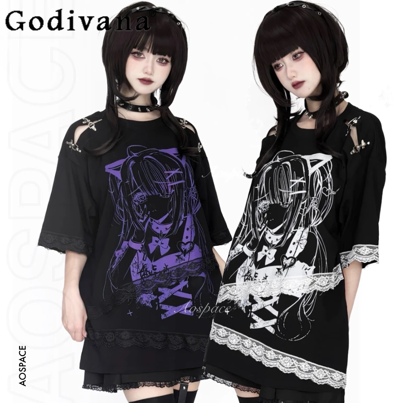 

Original Dark Gothic Anime Print Sweet Cool T-Shirt Summer New Girls Loose Slim Tie-Dye Lace Decorative Button Subculture Tops