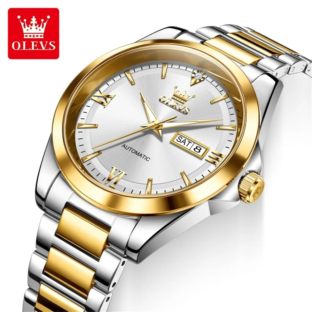 OLEVS Men's Watch  Real Diamond Automatic Mechanical WristwatchStainless Steel Waterproof Day-Date Wristwatch Luxury Brand 7099