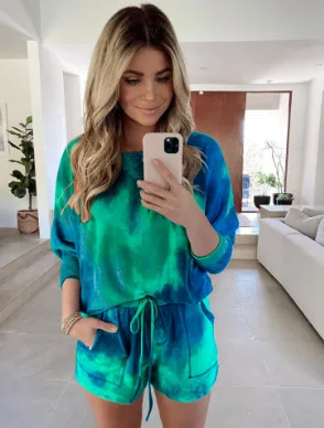European And American Women's Two-piece Summer Tie-dye Printed Long-sleeved Lace-up Shorts Casual Sports Suit