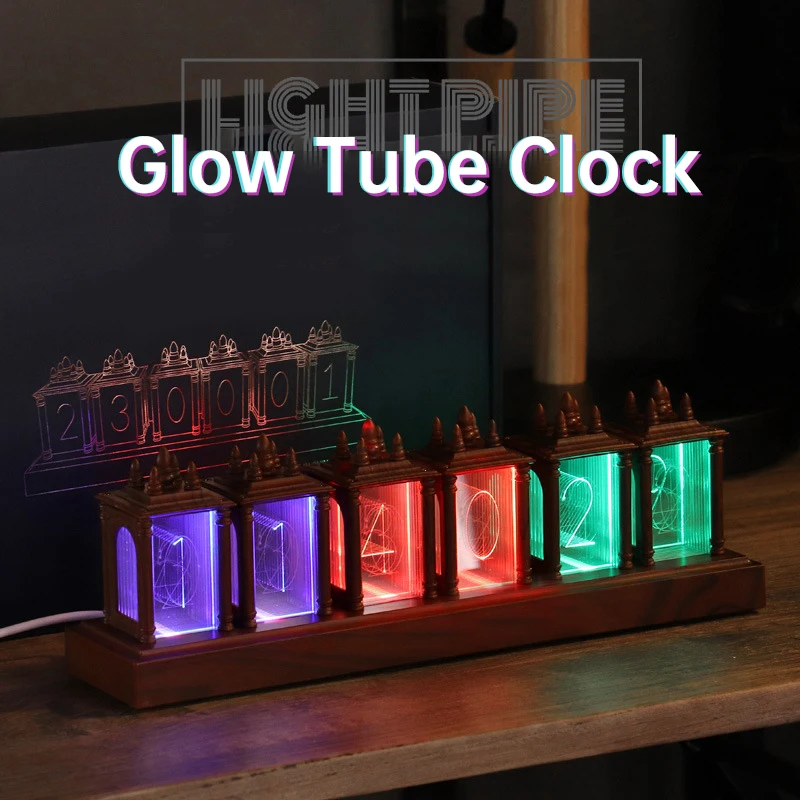 Cyberpunk Nixie Tube zegar lampki nocne RGB świecąca tuba zegar z drewnianym lampa stołowa LED cyfrowy budzik lampa z zegarem prezent do pokoju gier