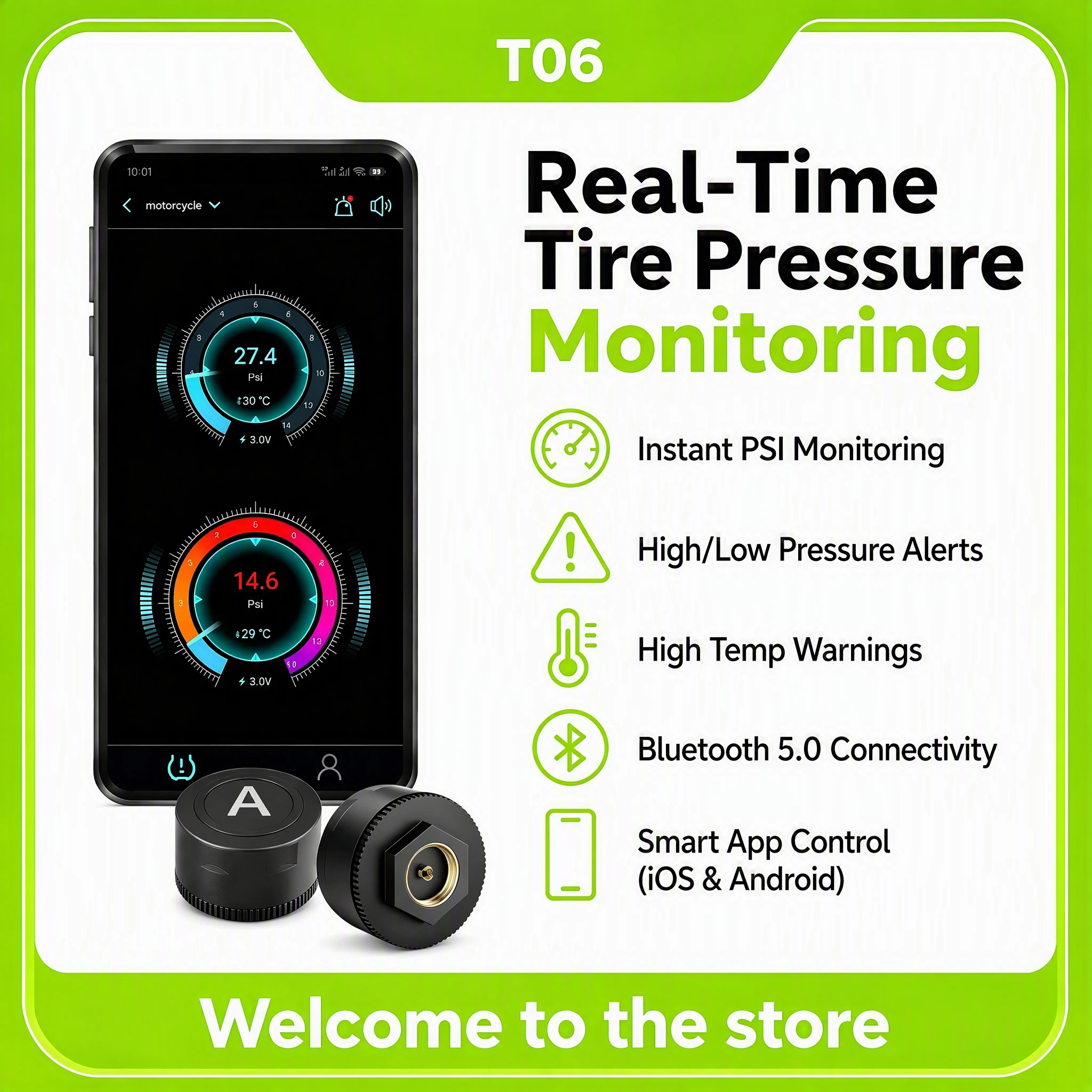 Motorcycle TPMS Tire Pressure Monitoring System, Bluetooth 5.0 External Sensor, Real-Time Pressure & Temperature Alarm, IP67 Wat