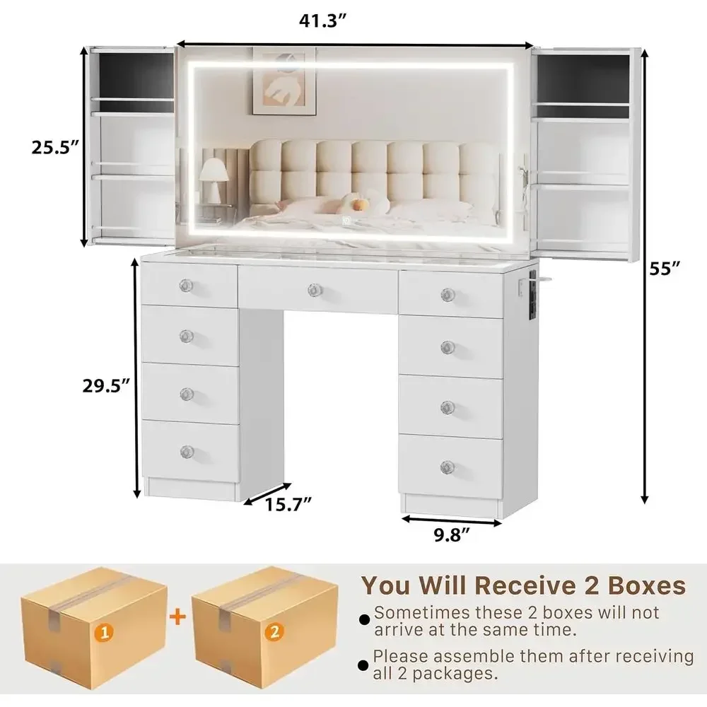 Illuminated Large Mirror Vanity Desk with Glass Top, 9 Drawers, 3 Color Lights, Wall-Mounted Jewelry Racks for Bedroom Use