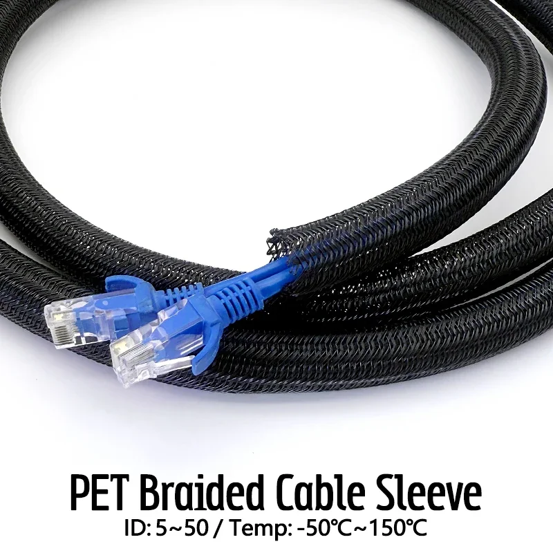 Black PET Expandable Self Closed Cable Sleeve ID 5-50mm Flame-Retardant Insulated Heat resist wire and cable Protector Sleeve