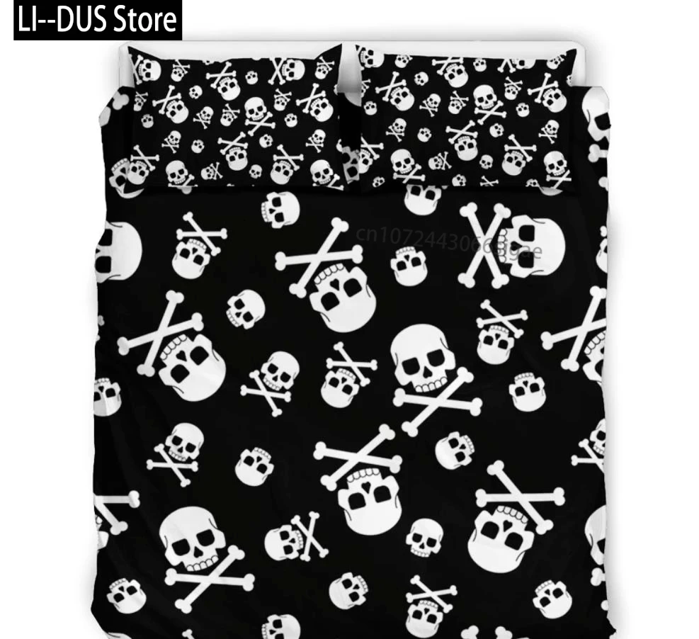 طقم لحاف مكون من 3 قطع على شكل جمجمة فضية - لحاف على شكل كومة جمجمة - غطاء سرير على شكل جمجمة - طقم سرير على شكل جمجمة