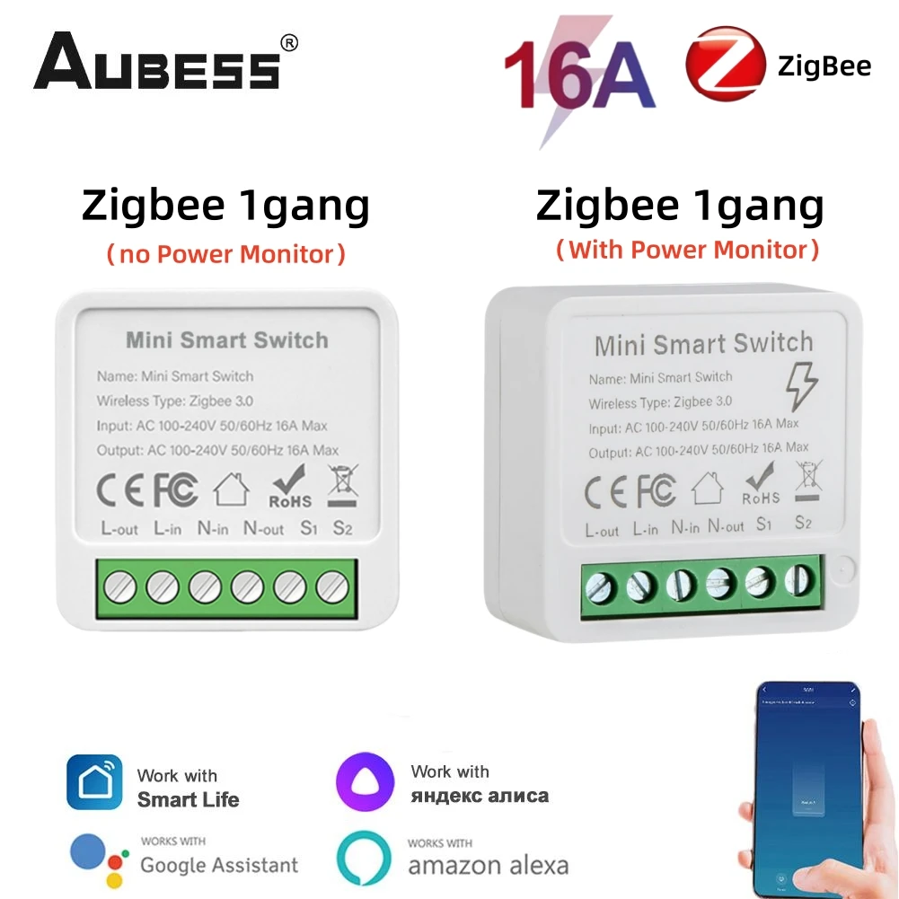 AUBESS Tuya Zigbee 16A Mini Smart Switch DIY Module With Power Metering Smart Home 2-way Control Light Relay Via Alexa Google