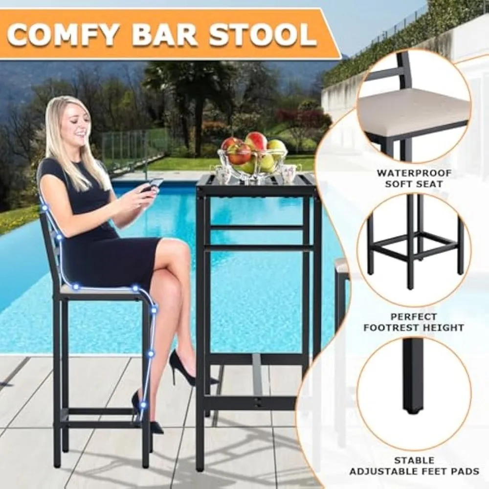 Outdoor Patio Bar Set, 50IN Rectangular Counter Height High Top Bar Tables, 3 Piece 2 Cushioned 41" Bar Stools, Metal Table