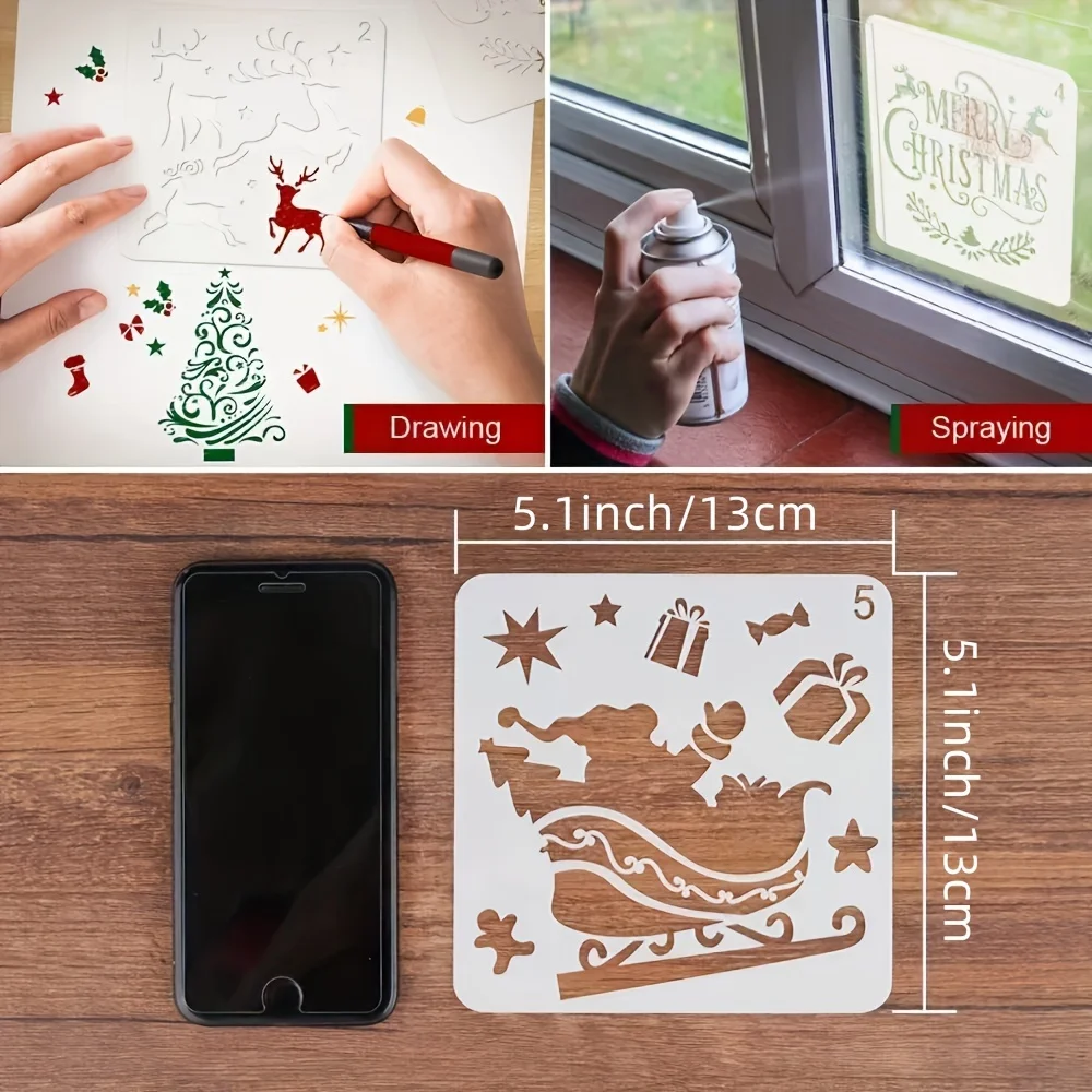 8 Pcs 5.1inch Christmas Painting Stencils Set for DIY Card Window Decor Gift Tags