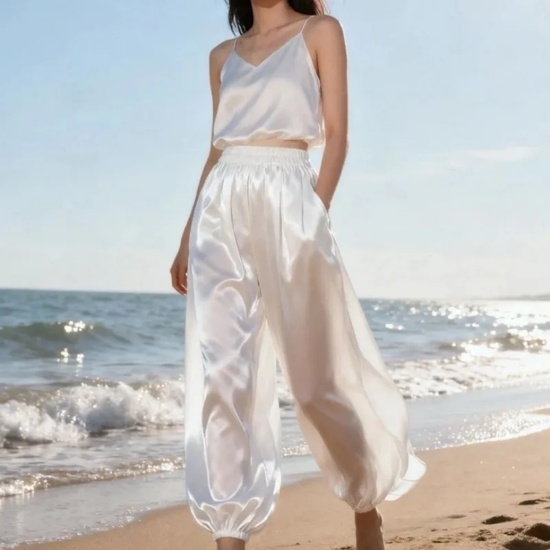 Plus Size Ice Silk Glossy Loose Trousers Soft Silky Elastic Lantern Pants Sleeping Pants Pajamas Unisex Translucent Sports Pants