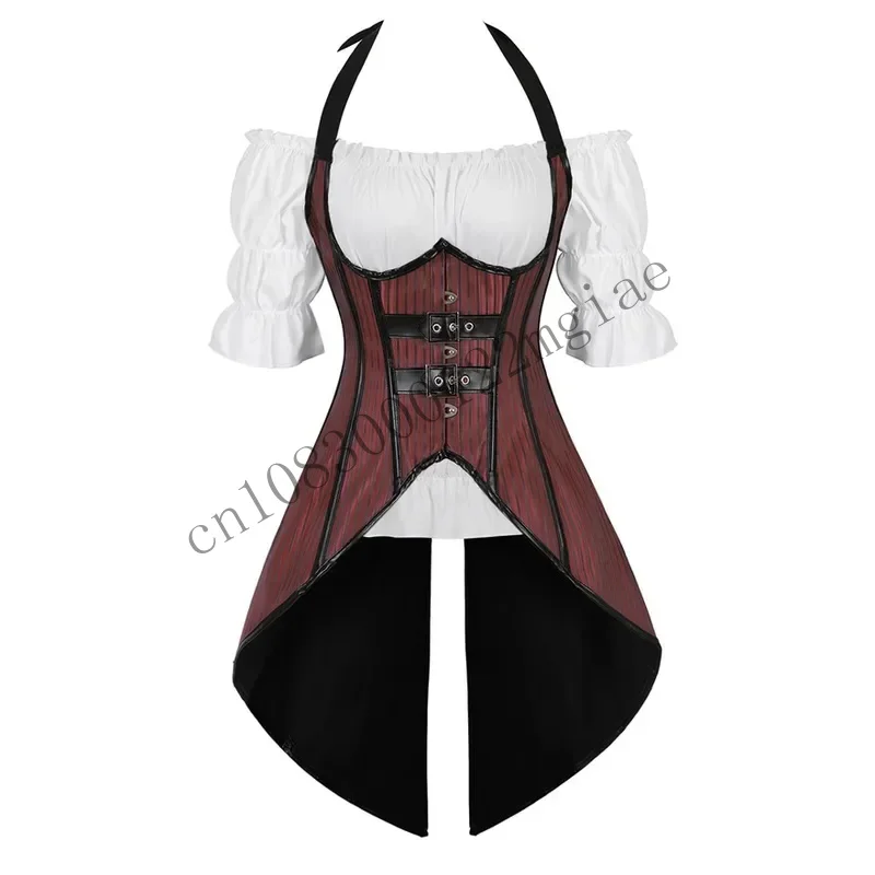 Steampunk Corset Striped Long Straps Bustier Vest Top With White Gothic Blouse Plus Size Burlesque Costume Korsett CMM221