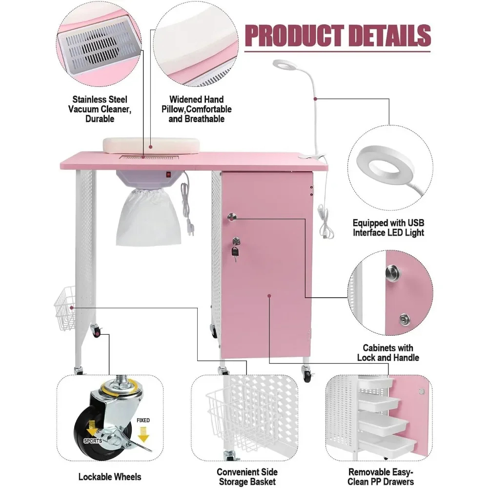 Manicure Nail Table, Mobile Nail Station with Nail Dust Collector, 4 Drawers, LED Lamps, Wrist Rest for Home Technician