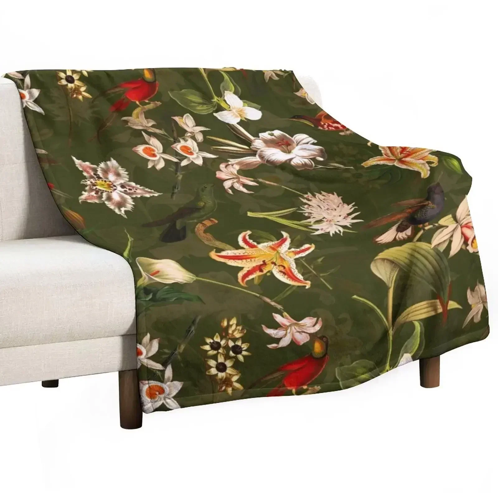 Pierre Joseph Redoute vintage flowers and hummingbirds nostalgic seamless safari green pattern Throw Blanket Thin Blankets