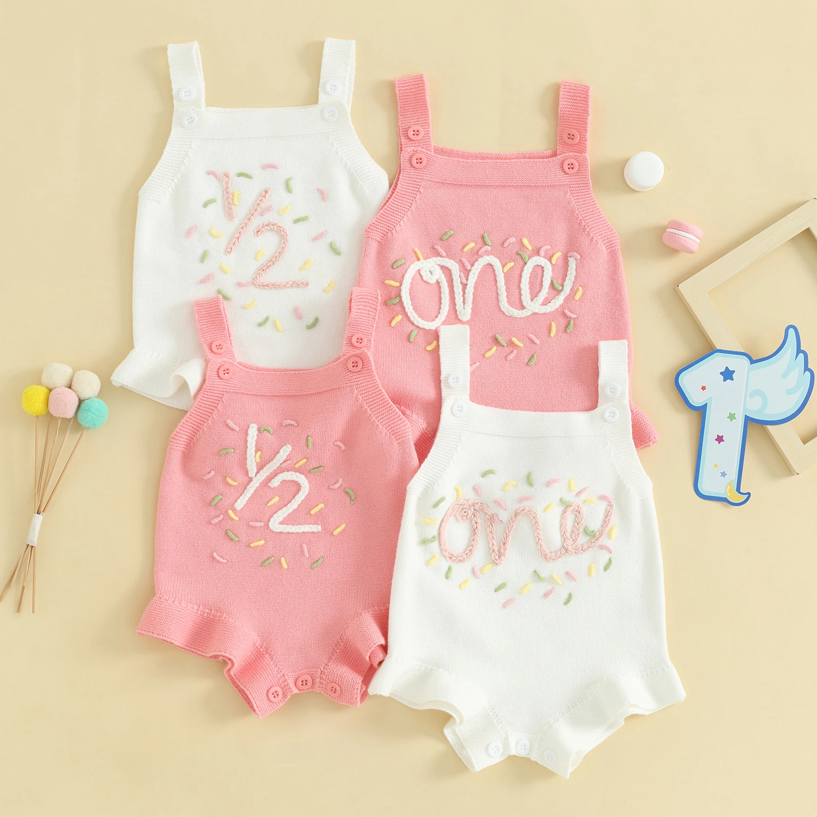 

Spring Baby Girls Romper Sleeveless Number/Letter Embroidery Sweater Romper