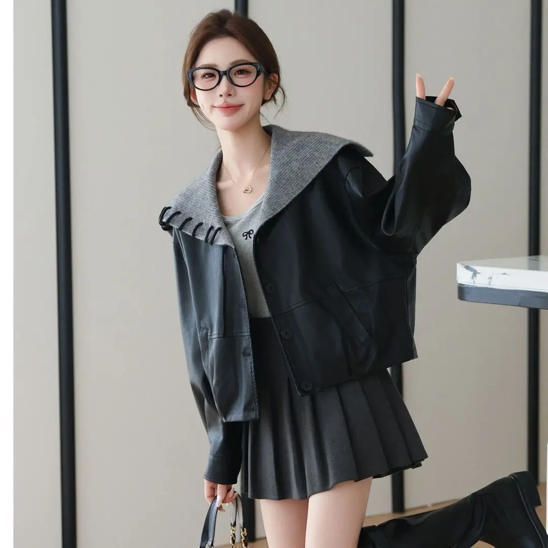 Vintage Patchwork Navy Collar Leather Jacket Women Spring Autumn Faux Leather Coat Short PU Leather Jacket Loose Versatile Top