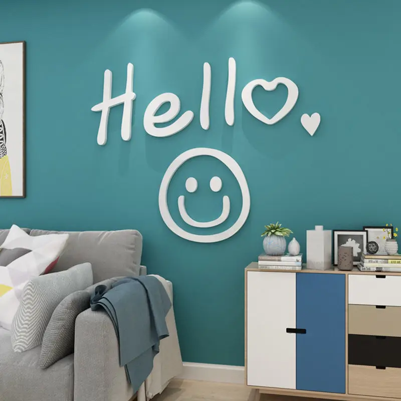 

Acrylic Hello English Letter Wall Stickers Lovely Smiling Face DIY Wallpaper Living Room Sofa Background Wall Decoration