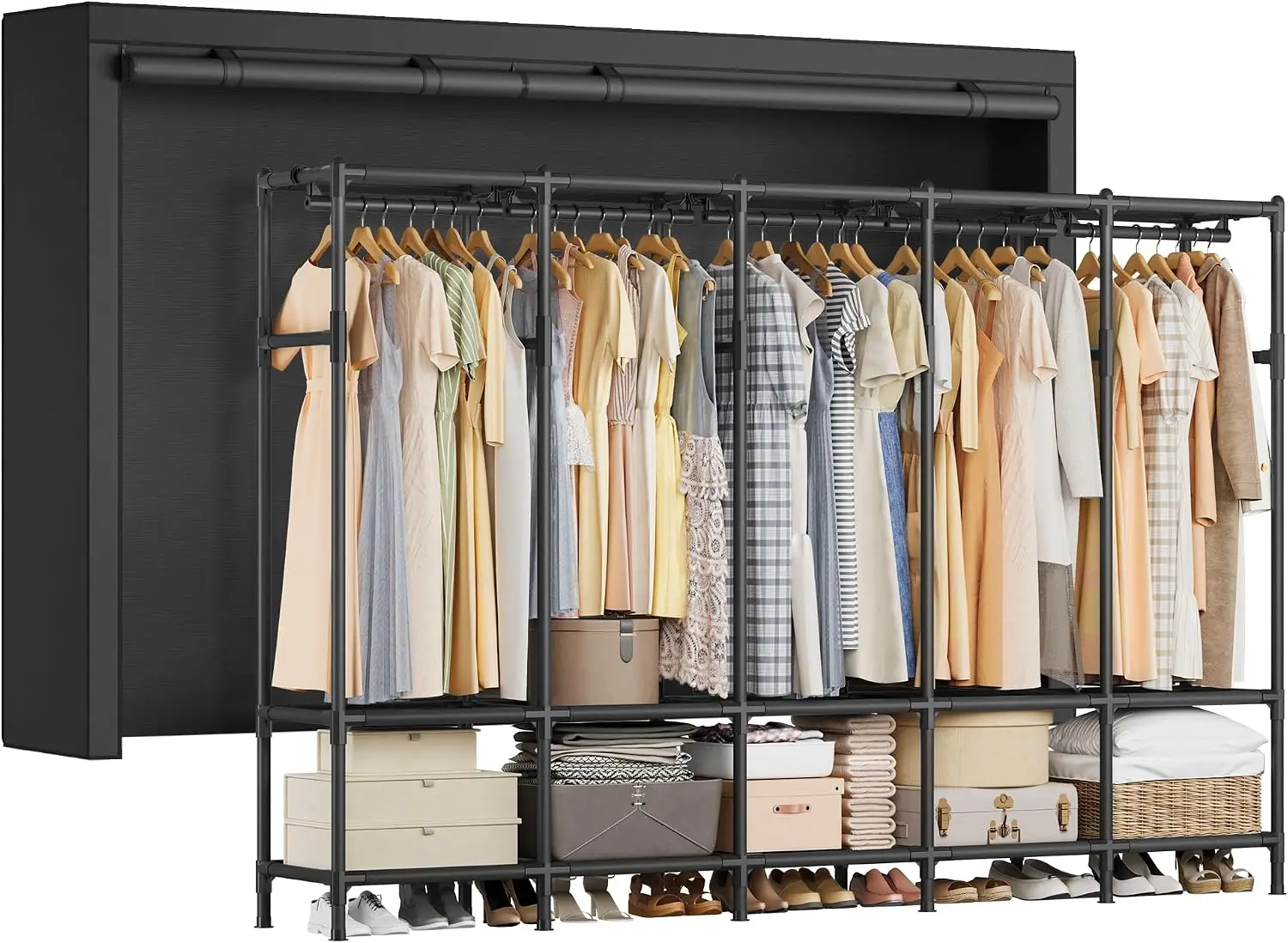 Portable Wardrobe Closet 83.5 Inch with 5 Hanging Rods and 10 Shelves, Heavy Duty Clothes Storage Rack with Fabric Cover for Bedroom, Freestanding Closet Organizer