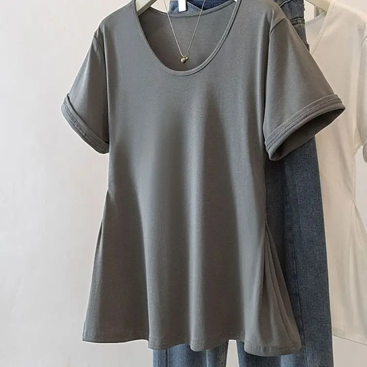

Mid-length U-neck Pure Cotton Short-sleeved T-shirt for Women 2025 New Summer Slimming Irregular Top