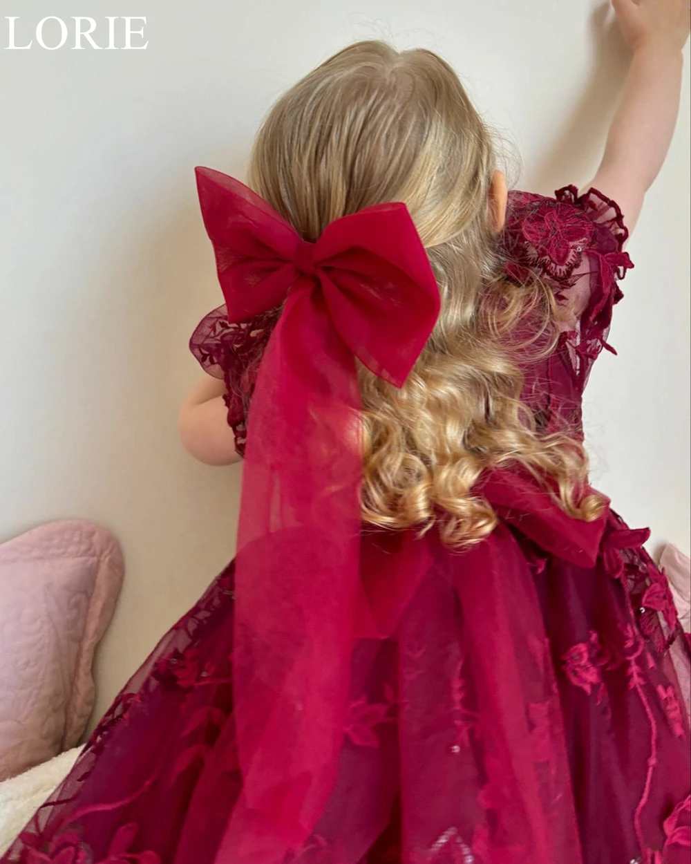 LORIE Burgundy Cute Tulle Flower Girl Dresses Bow A-Line Pleated Lace Appliques Puff Sleeves Girl Wedding Party Dress Customized