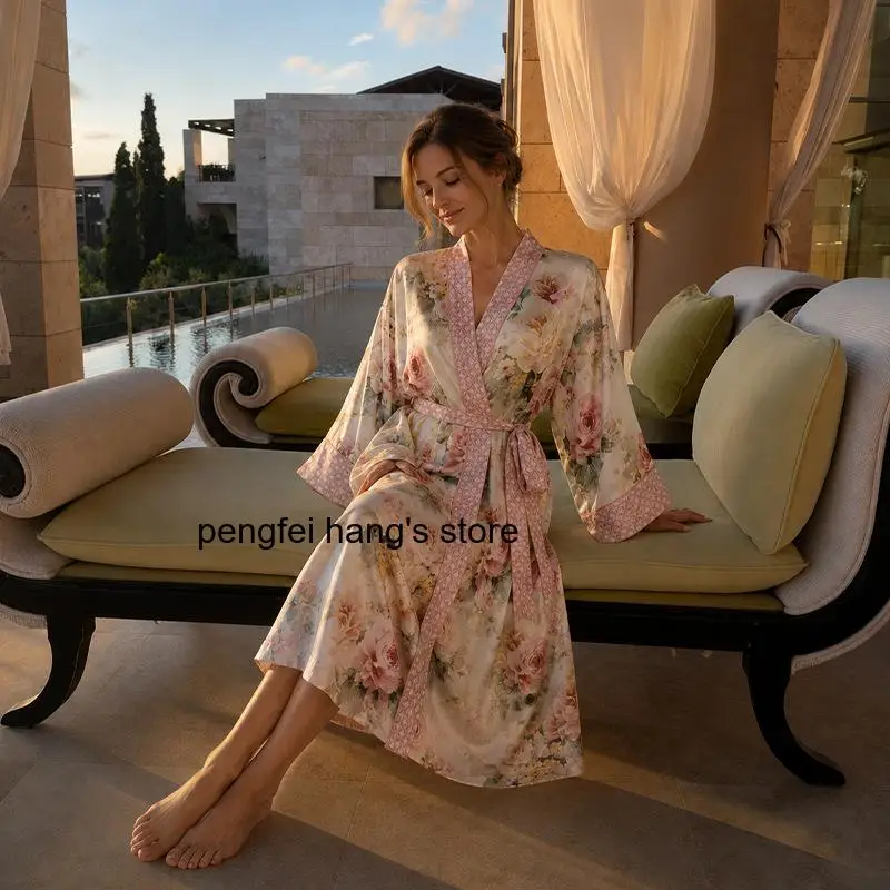 Long Sleeve Bathrobe Soft Loose Elegant Bridal Morning Gown Home Sleep Loungewear Women Spring Autumn Satin Long Kimono Robe