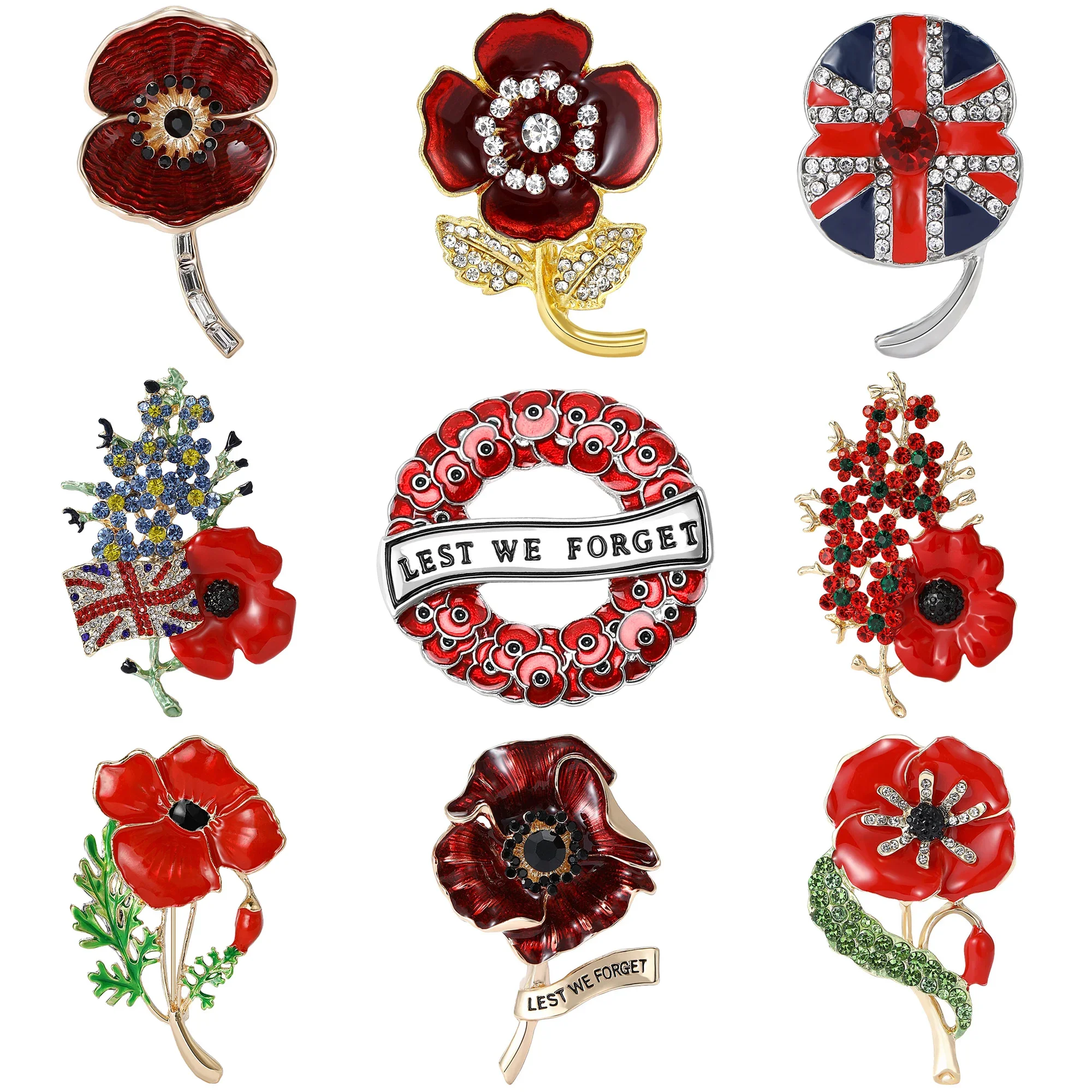 Enamel U.K. Poppy Flower Wreath Brooches for Women Unisex Plant Pins Office Party Friend New Year Gifts Jewelry Accessories