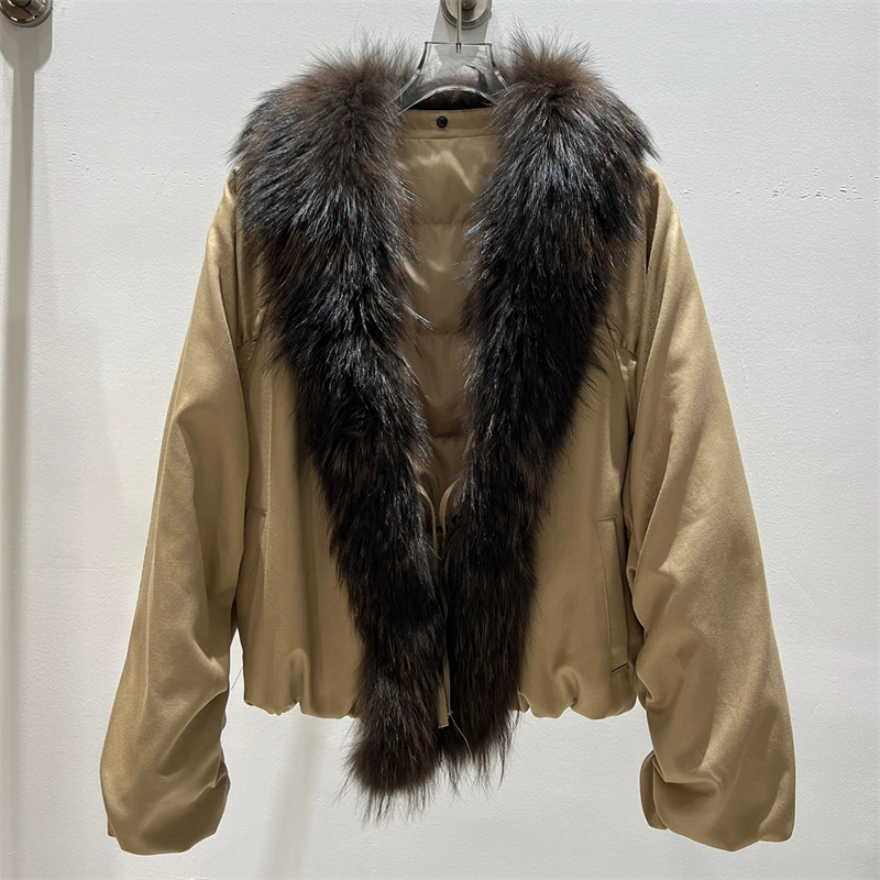 New winter loose-fitting parka down jacket with raccoon fur collar, high-quality women's short style 2026 fur and duck down coat