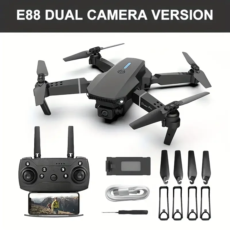 E88 Pro Dual Camera Drone, WiFi FPV Double Folding RC Quadcopter Altitude Hold, Remote Control Toy for Beginners, Ideal Gift