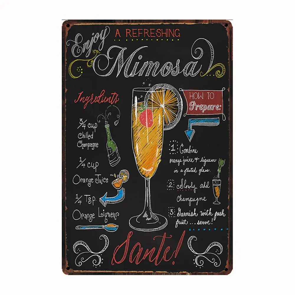 Lilyanaen New Tin Sign Enjoy A Refreshing Mimosa Retro Embossed Metal Tin Sign Wall Decorative Sign Cocktail for Outdoor & I