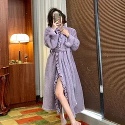 New Autumn Winter Flannel Nightgown Women Mid-Length Fashion Coral Fleece Retro Pajamas Home Clothes