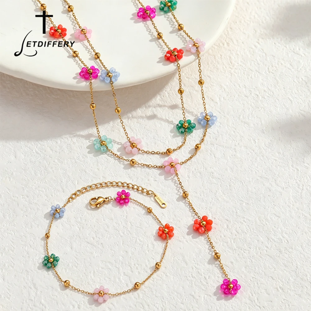 Letdiffery Boho Colorful Flower Bead Chain Necklace Bracelet Set for Women Stainless Steel 2 Layer Y Drop Floral Jewelry Set