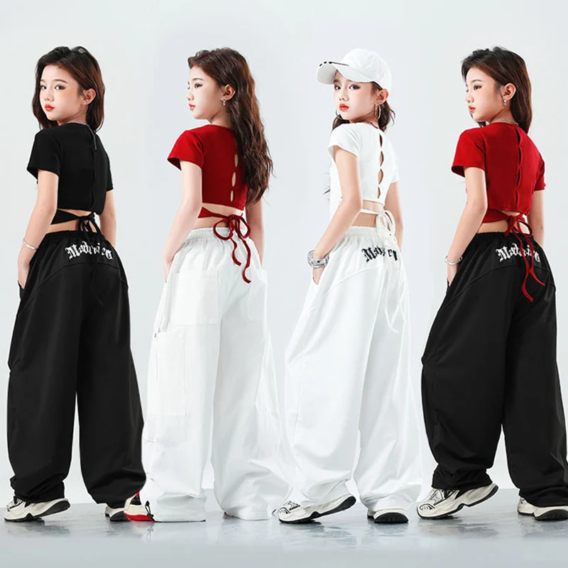 Jazz Outfit Street Dance Kostüm Kinder Mädchen Kpop Bühne Tragen Kurzarm Top Shuffle Hosen Urban Dance Hosen Streetwear VDL3773