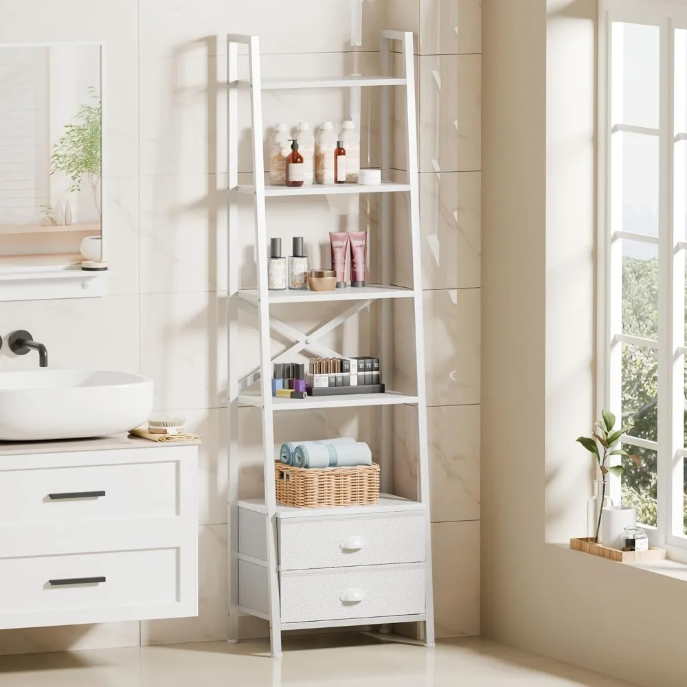 رف سلم من 5 طبقات مع درجين، خزانة كتب صناعية لتخزين مكتب غرفة النوم وغرفة المعيشة، معدن خشبي أبيض #4