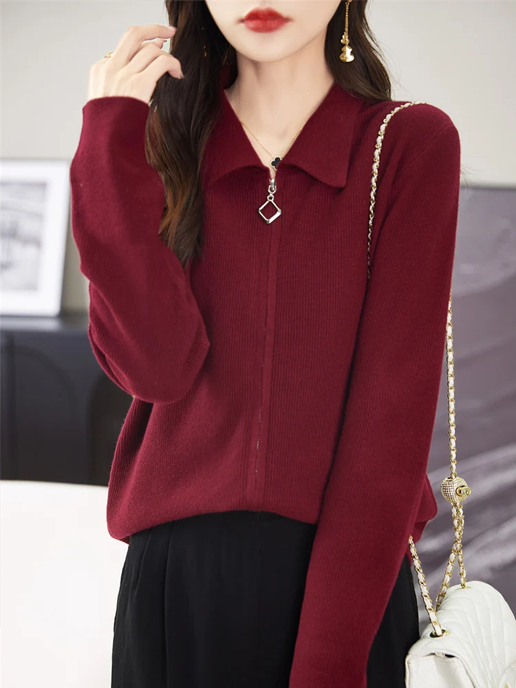 New Spring Autumn Polo Neck Solid Color Zippers Cardigan Knitwear 100% Merino Wool Women' Sweater Long Sleeve Comfortable Tops