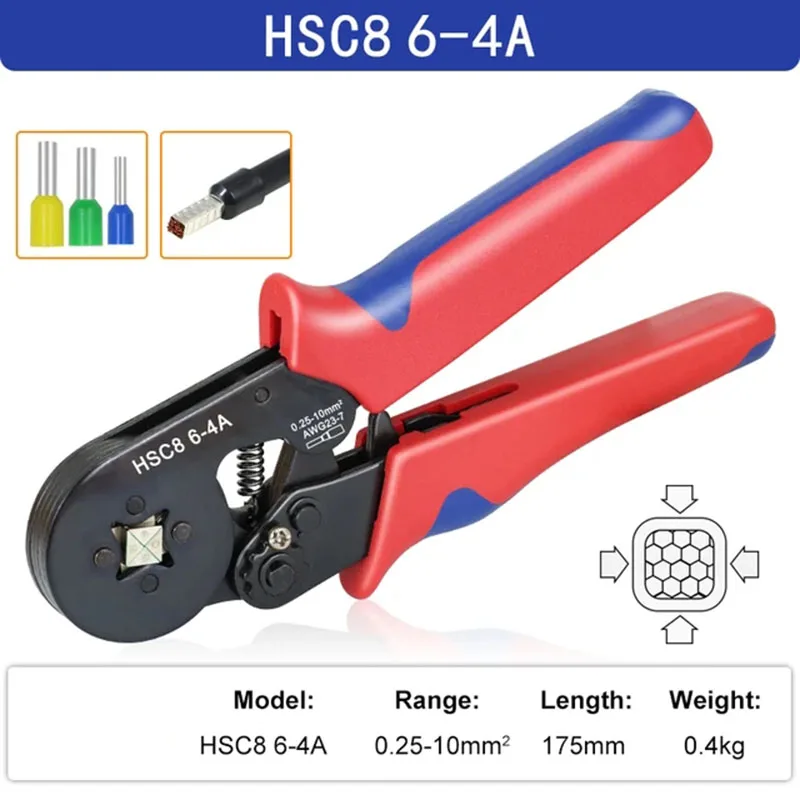 Crimping tool HSC8 6-4 0.25-10mm for ferrule tubular terminals ² 23-7AWG Ferrule Crimping Clamp Set Wire Head Electrician Tools