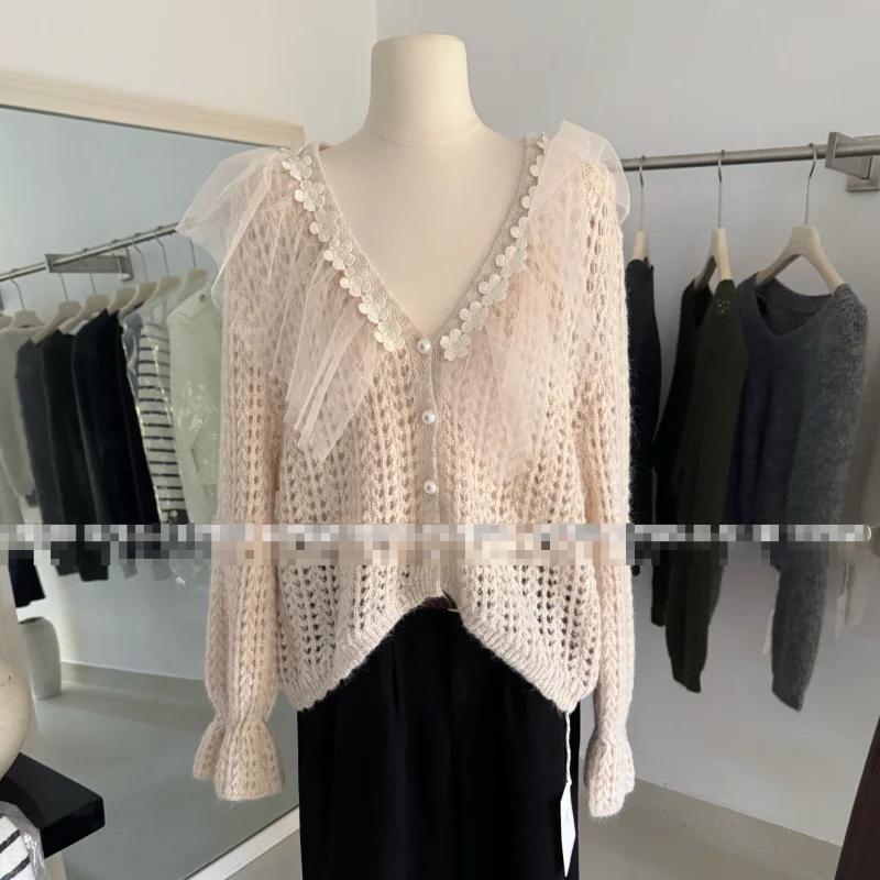 

Женский полый свитер с v-образным вырезом, ленивый стиль, вязаный кардиган, модный кружевной милый свободный универсальный французский свитер с длинными рукавами