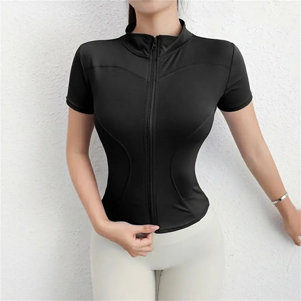 Lightweight Slim Fit Women's Sports Top Short Sleeve Zip Front Yoga Top Seamed Paneling Solid Color Running Jacket Summer
