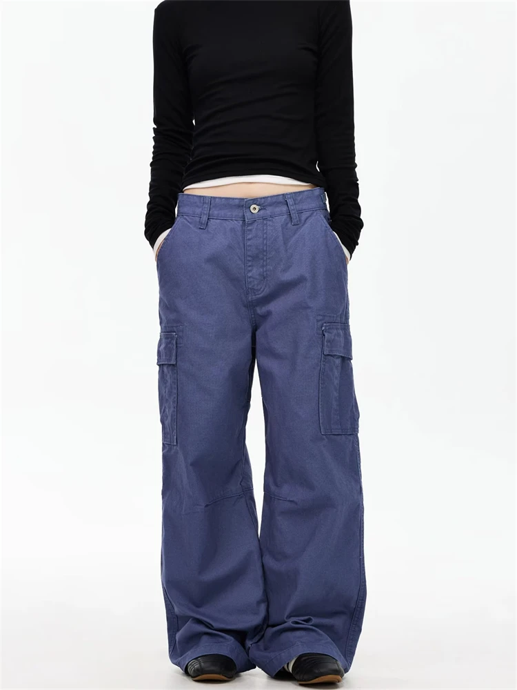 Women's Multi Pocket Cargo Blue Trousers Street Wide Leg Bottoms Casual Unisex Sweatpants Female High Waist Pants Women