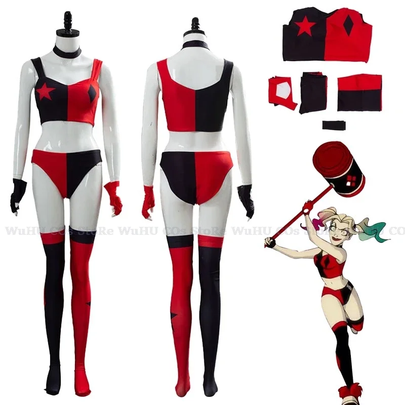 Anime Quinzel Suicide Isekai Harley Cosplay Costume Joker Girl Squad Stage Performance Costume Set Halloween Wig Clown Woman Cos