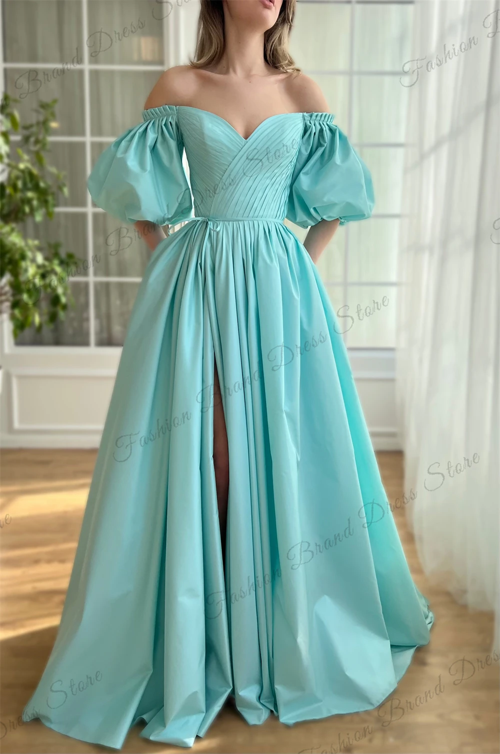 Taffeta Off-the-shoulder Sweetheart Prom Dresses With Split Pleated Corset Backless Formal Evening Gowns A-line Long Ball Gowns