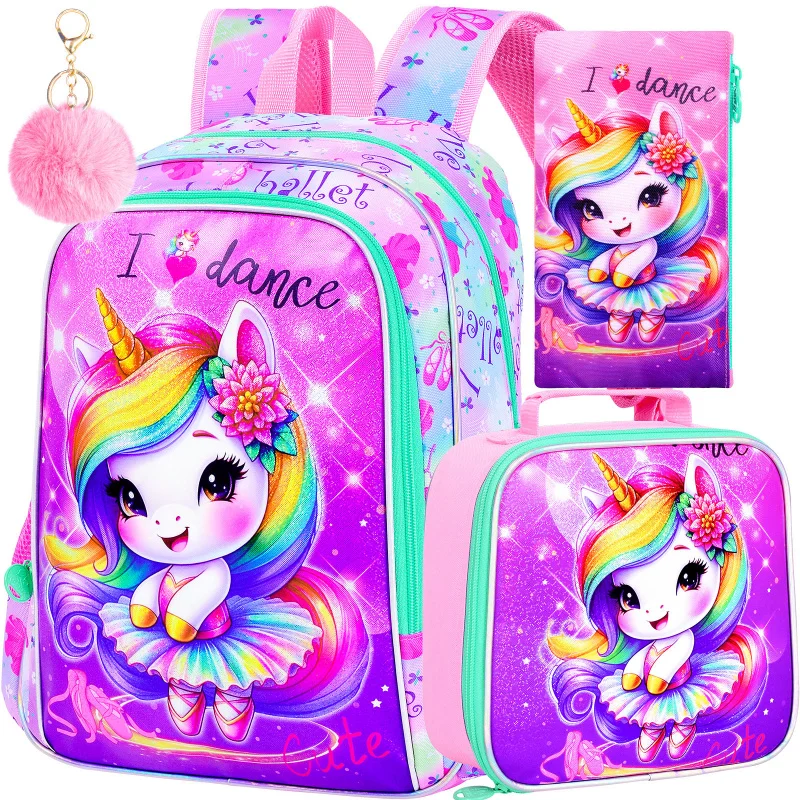 

3PCS Unicorn Backpack for Girls, 16 Inch Kids Cute Ballet Elementary School Backpacks for Kindergarten Toddler Travel
