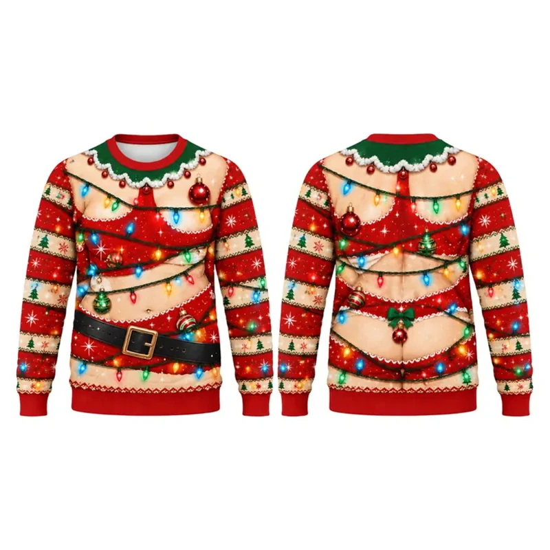 Neuartiger hässlicher Weihnachtspullover, lustiger 3D-Sweatshirt mit Fake-Muskel-Grafik, Unisex-Pullover für Herbst und Winter, Familienfeier, Weihnachtsgeschenk – Detail 5