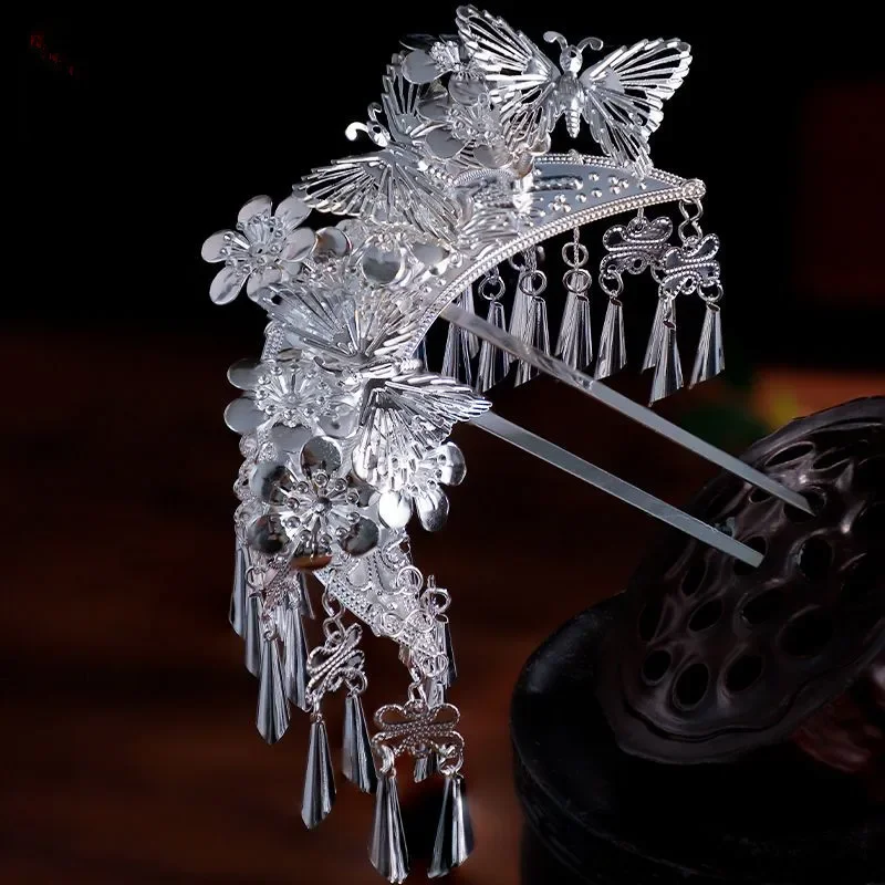 Silber chinesische Miao Haarnadel Zubehör ethnische Minderheit Quaste Kopfschmuck Vintage Prinzessin Cosplay Kopfbedeckung