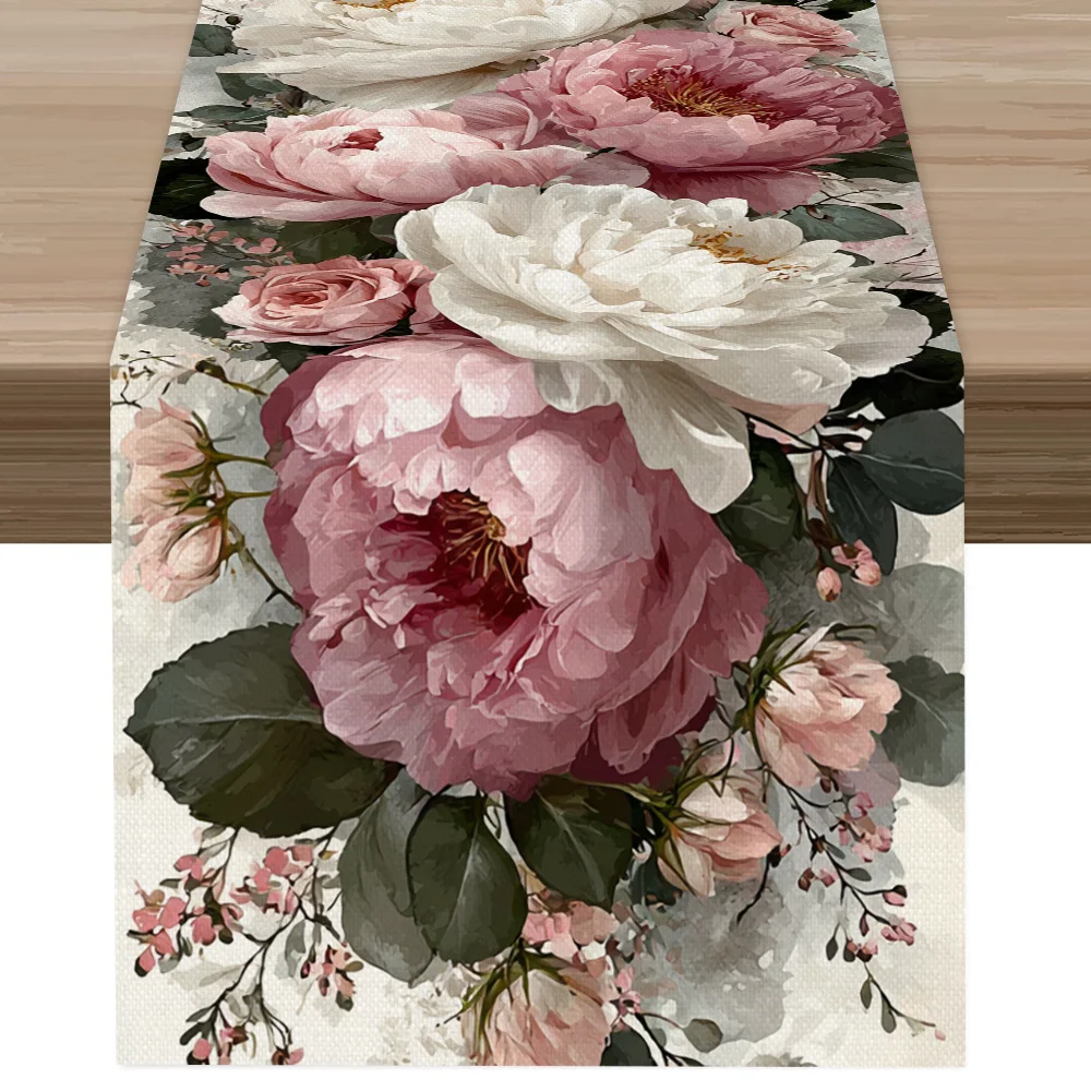 Peony Wedding Table Runner - 1PC Pink White Romantic Floral Vintage Garden Clear Print Cover for Bridal Engagement