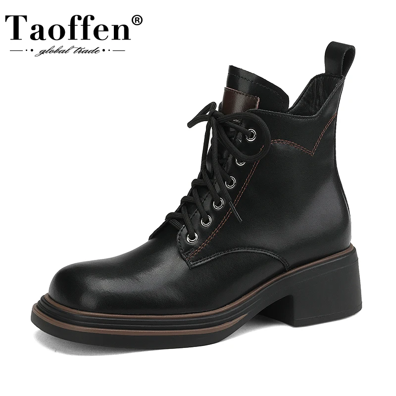 

Taoffen Women Ankle Boots Genuine Leather Square Toe Block Heels Lace Platform Office Lady Fashion Work Shoes Winter Warm Boots