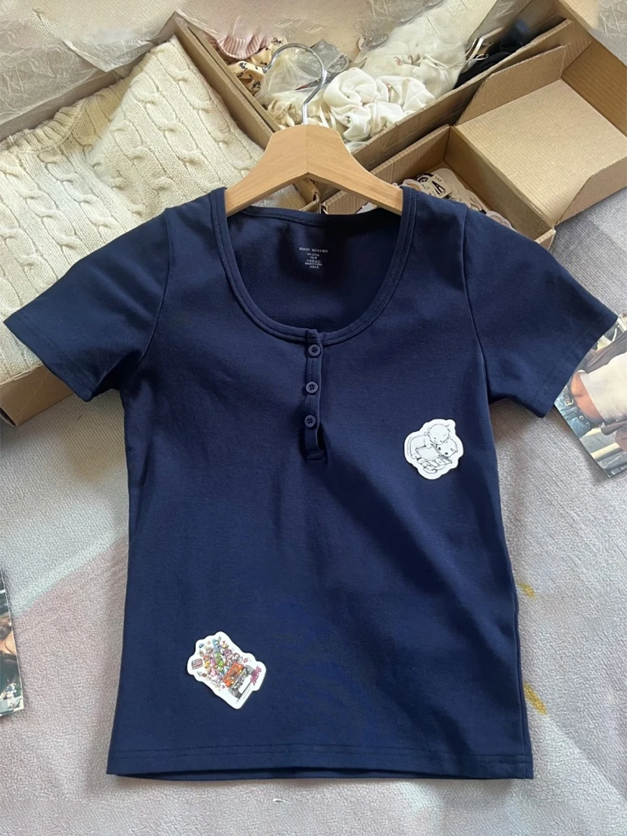 Navy Drei Knöpfe Basic T-shirt Frau Rundhals Kurzarm Baumwolle Dünne T-shirts Sommer Solide Vintage Einfache Neue Crop Top Y2k