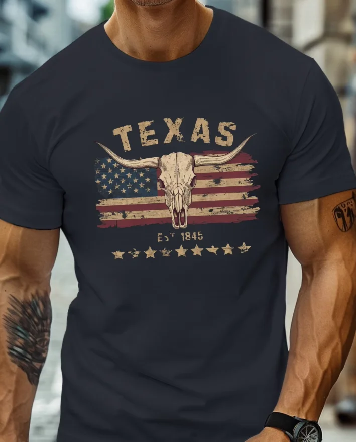Men's Summer Fashionable T-shirt Casual Loose Texas Longhorn Cow Skull Pattern Printed Round Neck Short Sleeved T-shirt