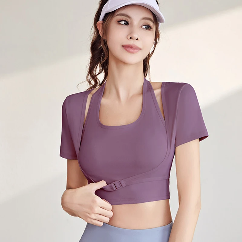 Short Sleeve Women Yoga Shirts Padded Gym Shirts Sportswear Fake Two Pieces Sports Tops With Underbust Fastener Fitness Crop Top