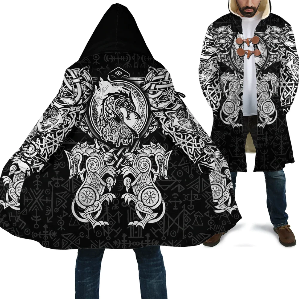 Winter Mens Cloak Tattoo Dragon And Wolf Tattoo Cyan/Red 3D Printed Fleece Hooded Coat Unisex Casual Thick Warm Cape coat PF66